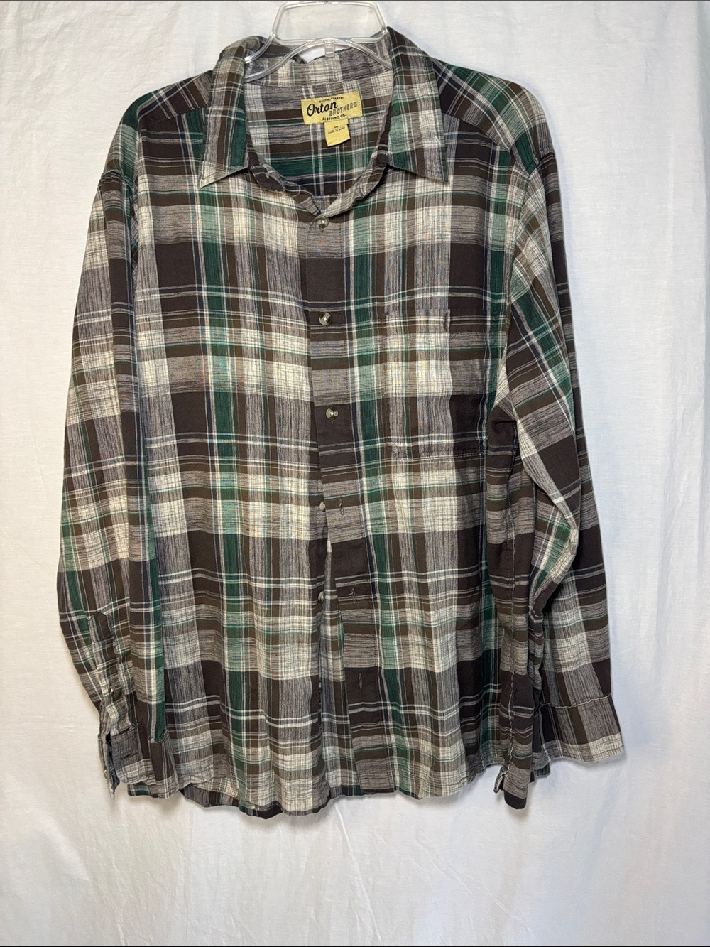 Men's Plaid Button-Down Shirt in Green and Brown